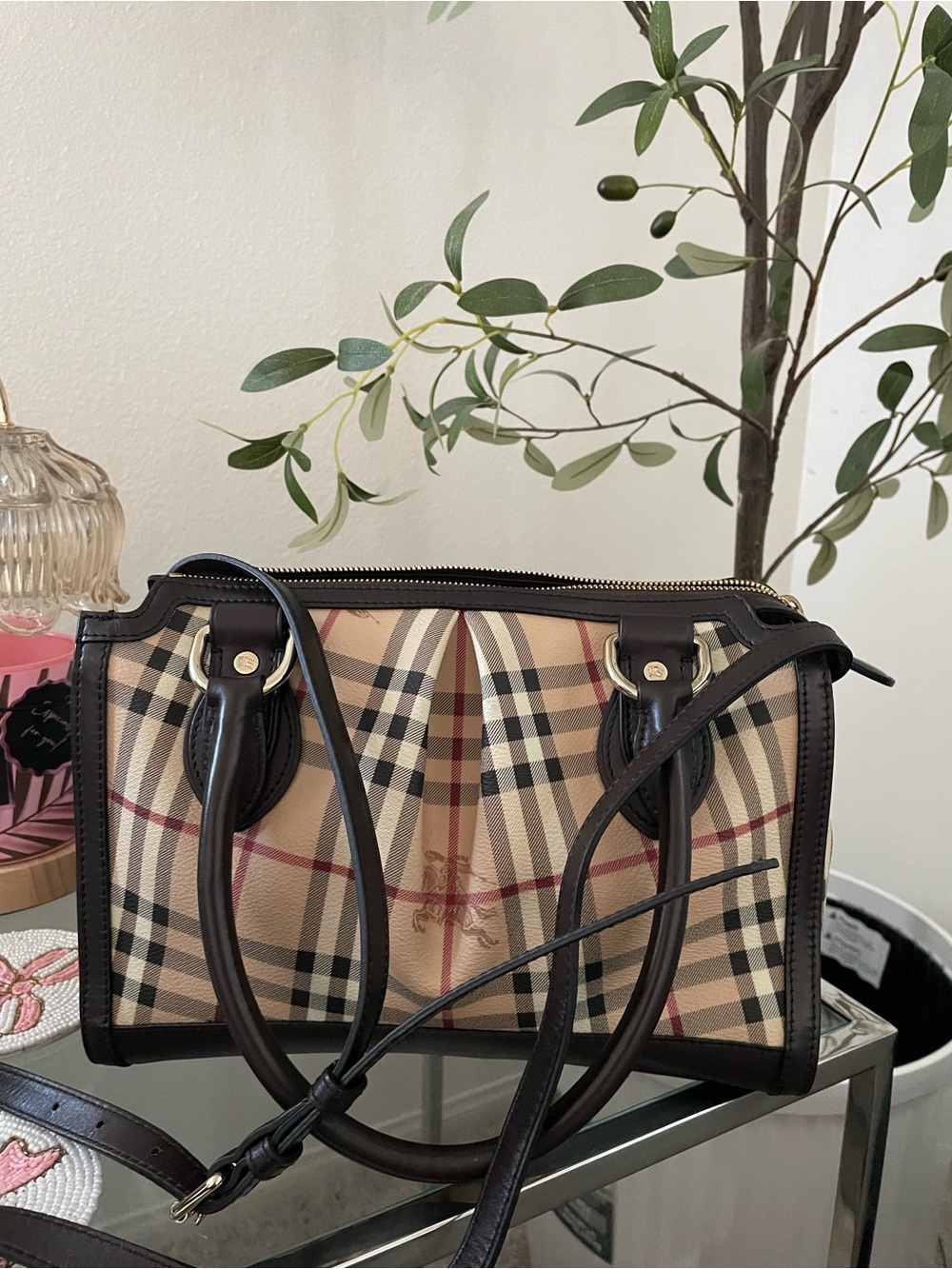 Classic Check Burberry Satchel Bag in Beige